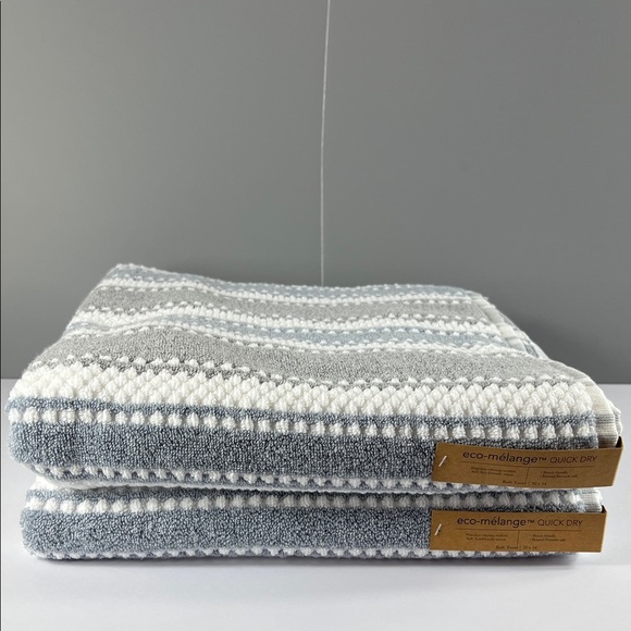 2 Pc Eco-Mélange Quick Dry Bath Towel Set Blue Gray White 100% Cotton Soft NEW - Picture 1 of 7